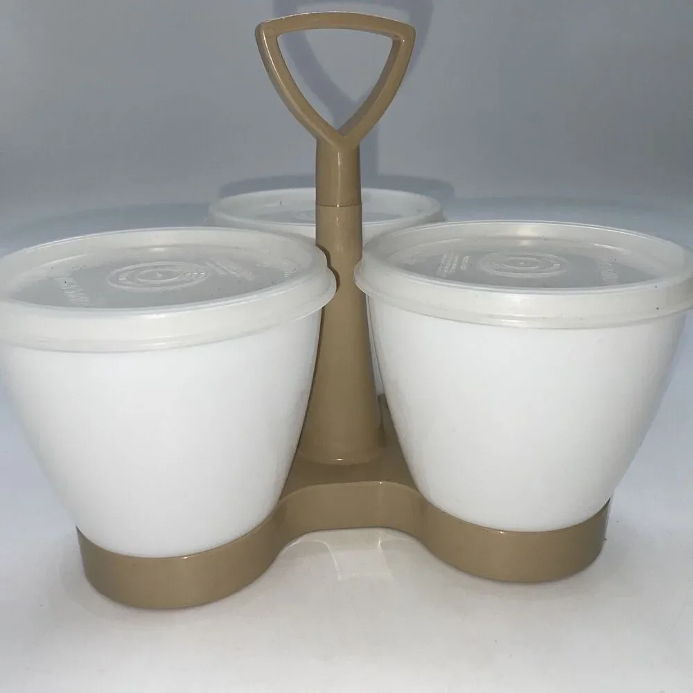 Tupperware Condiment Serving Caddy #757- 4 Taupe White Lids Cups Party Picnic